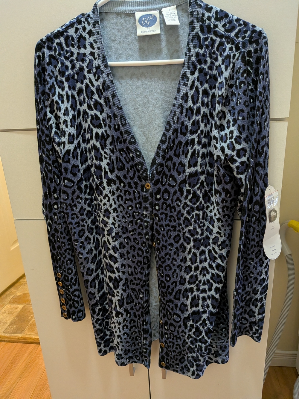 DG2 by Diane Gilman Blue and Black Leopard-Print Cardigan with Gold Buttons